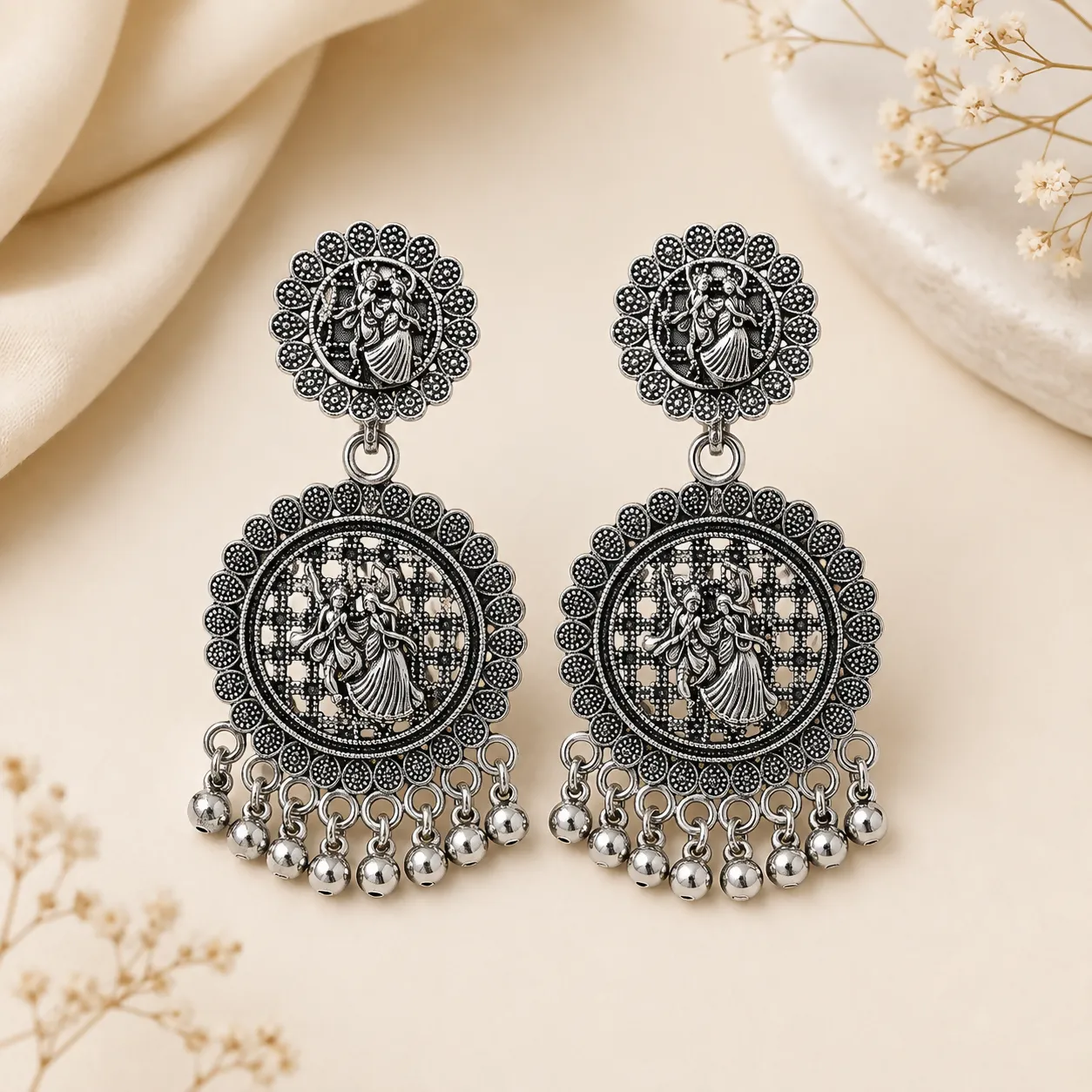 Premium Radha Krishna Oxidised Silver Earrings for Women with Hanging Beads Stylish Pair - Buy Online at Alikart
