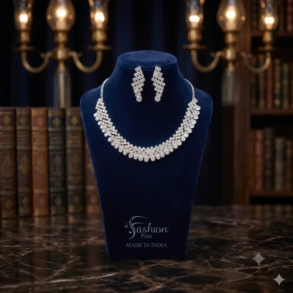 Premium Sparkling American Diamond Silver-Plated Bridal Jewellery Set | Festive and Party Wear Necklace Set - Buy Online at Alikart