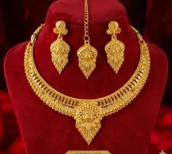 Traditional Gold Plated Haram Necklace Set with Earrings and Maang Tikka for Women