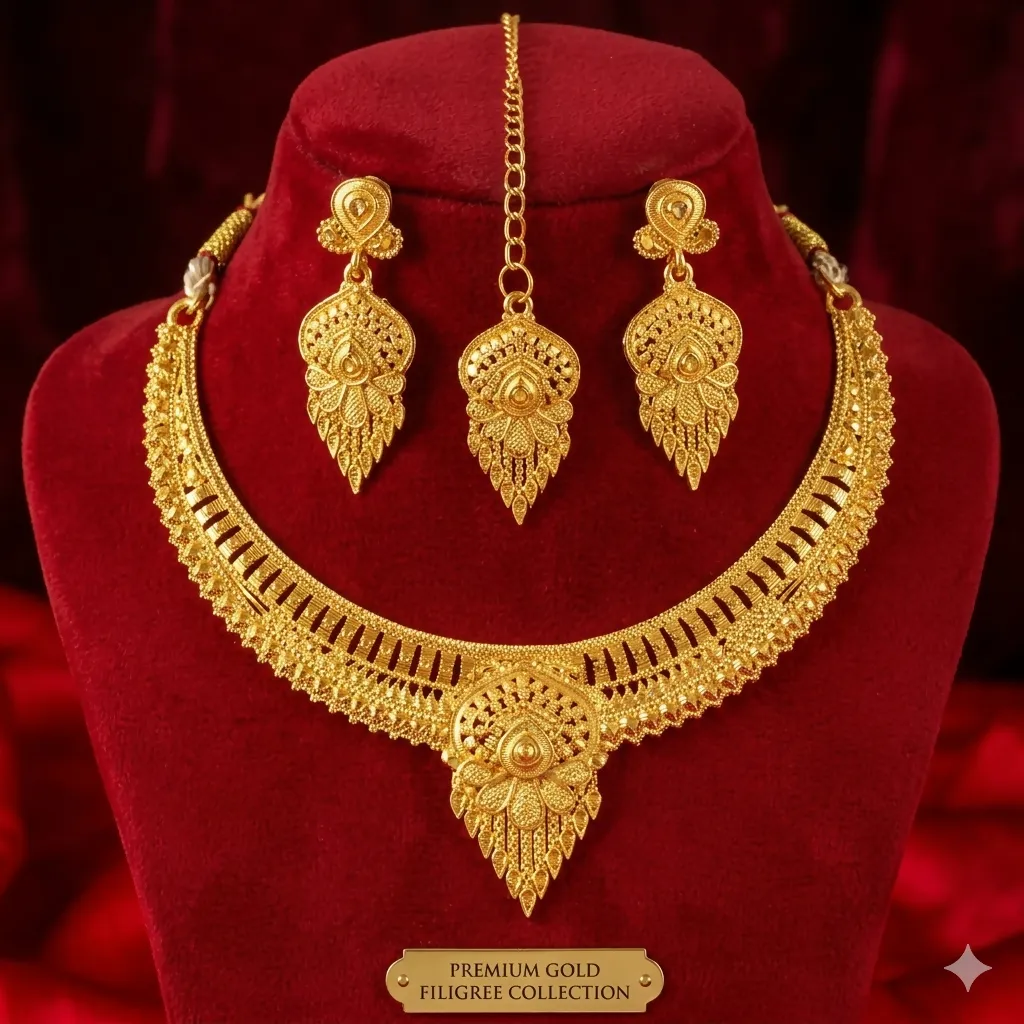 Premium Traditional Gold Plated Haram Necklace Set with Earrings and Maang Tikka for Women - Buy Online at Alikart