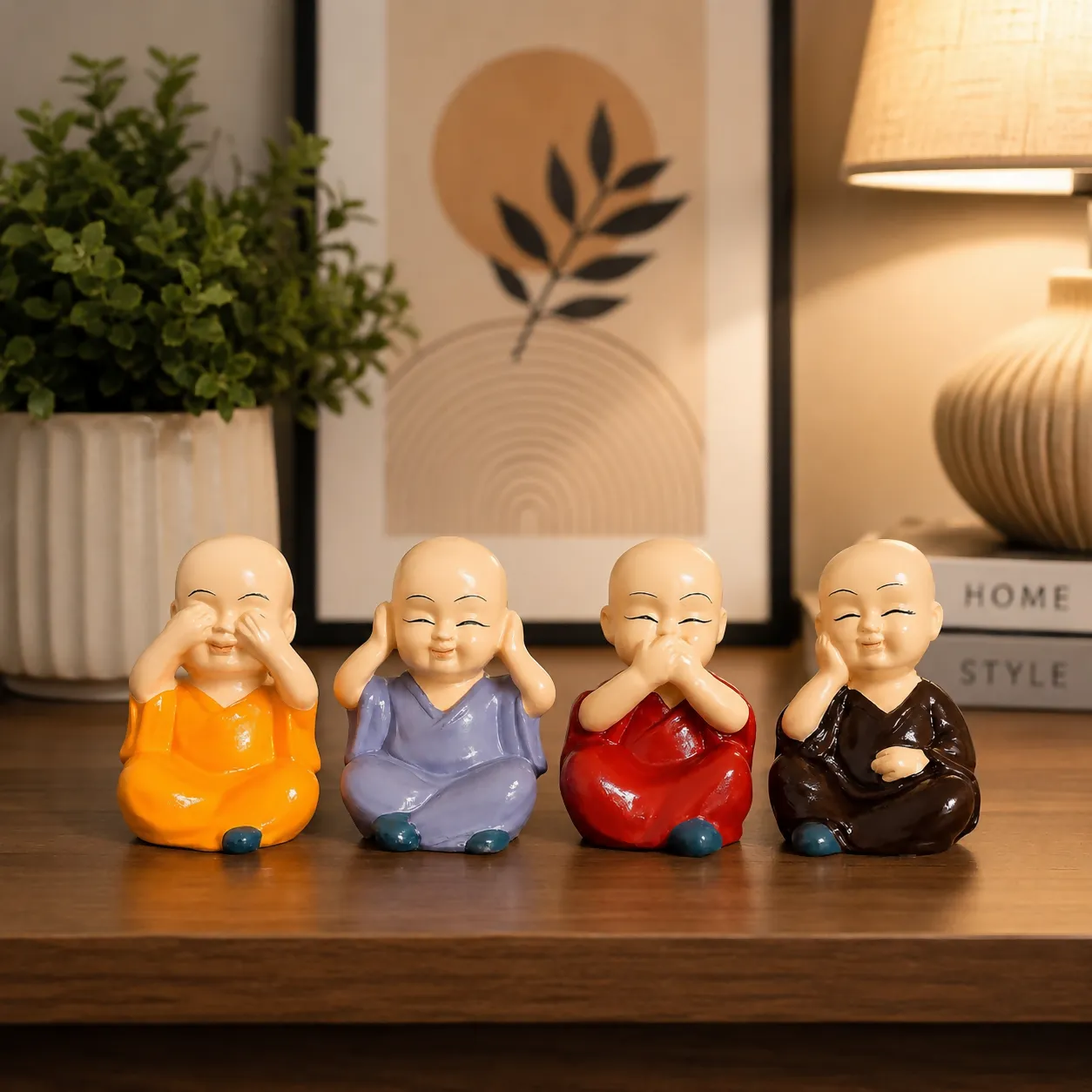 Premium Set of 4 Cute Mini Monk Showpieces for Home Decor, Car Dashboard & Desk - Buy Online at Alikart