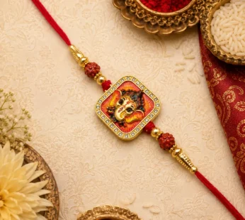 Divine Square Lord Ganesha Metallic Rakhi for Brother with Rhinestone Border & Carved Red Beads
