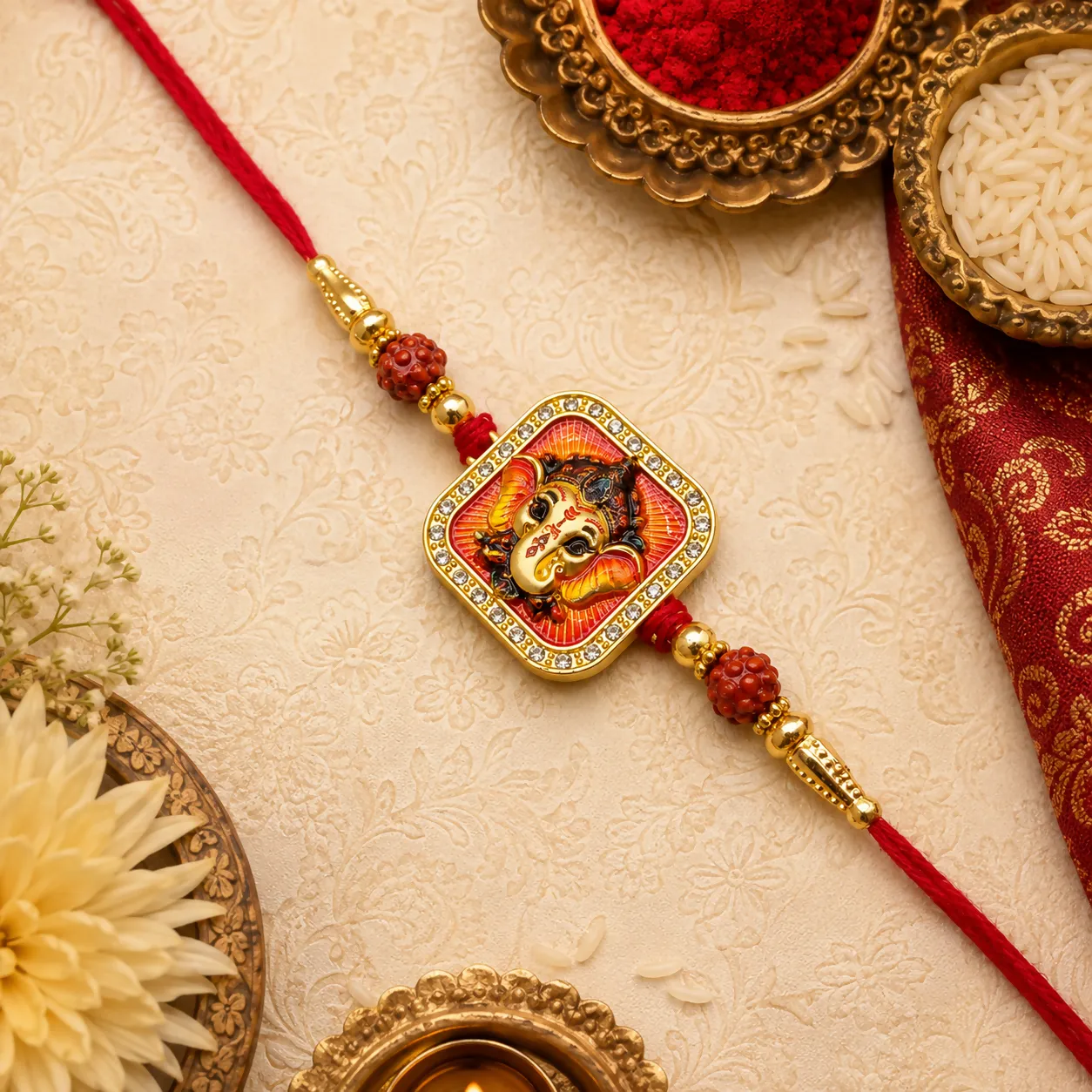 Premium Divine Square Lord Ganesha Metallic Rakhi for Brother with Rhinestone Border & Carved Red Beads - Buy Online at Alikart