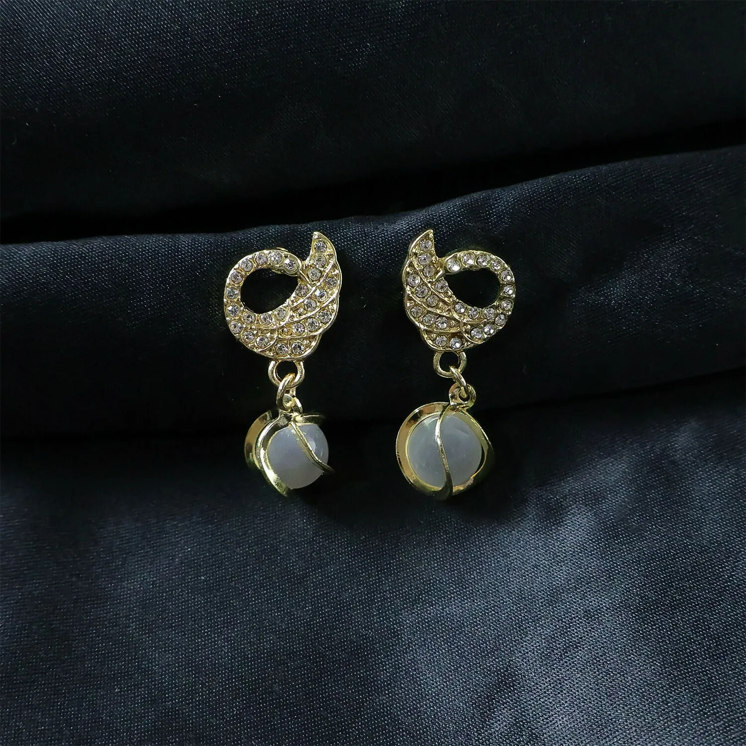 Swan Earrings – Crystal Encrusted with Pearly Cat-Eye Drop - Detailed Feature View 2