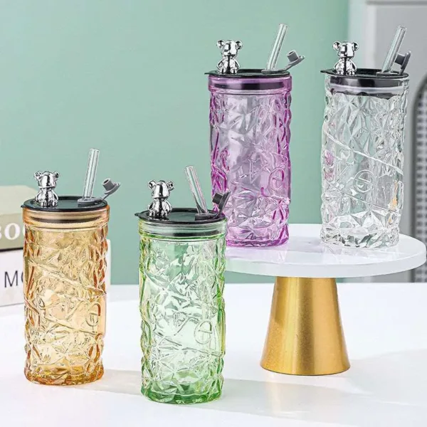 Bear Glass Tumbler with Straw – Cute Diamond Bear Design, Large Capacity Water Cup -Stylish Hydration Gift (Random Color-Pack of 1)