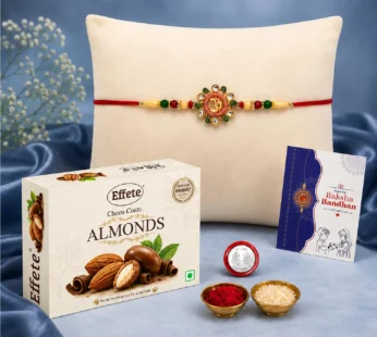 OM Rakhi for Brother with Chocolate Almonds 32gm, Roli Tikka & Card, Pack of 5