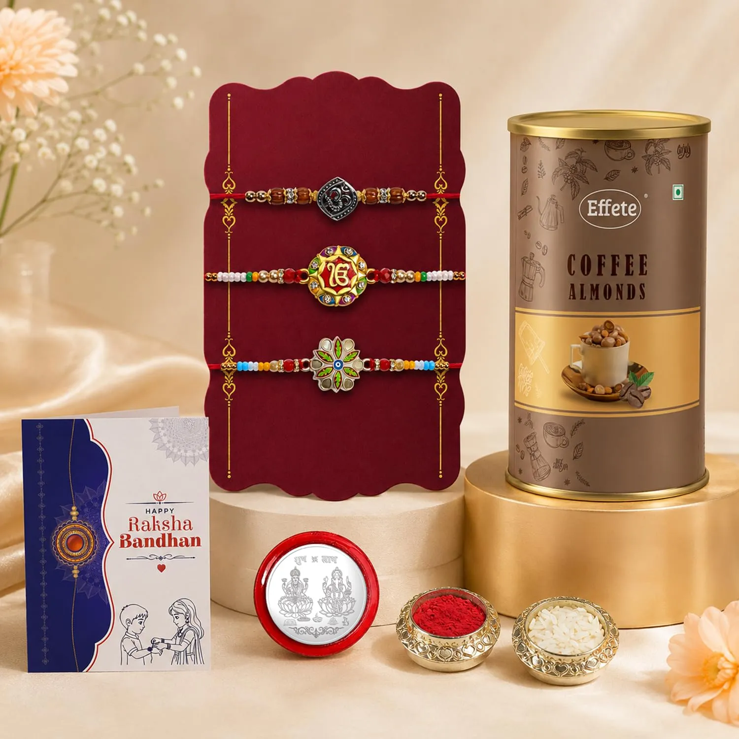 OM Rakhi for Brother with Coffee Almond 96gm, Roli Tikka & Card, Pack of 7 - Detailed Feature View 1