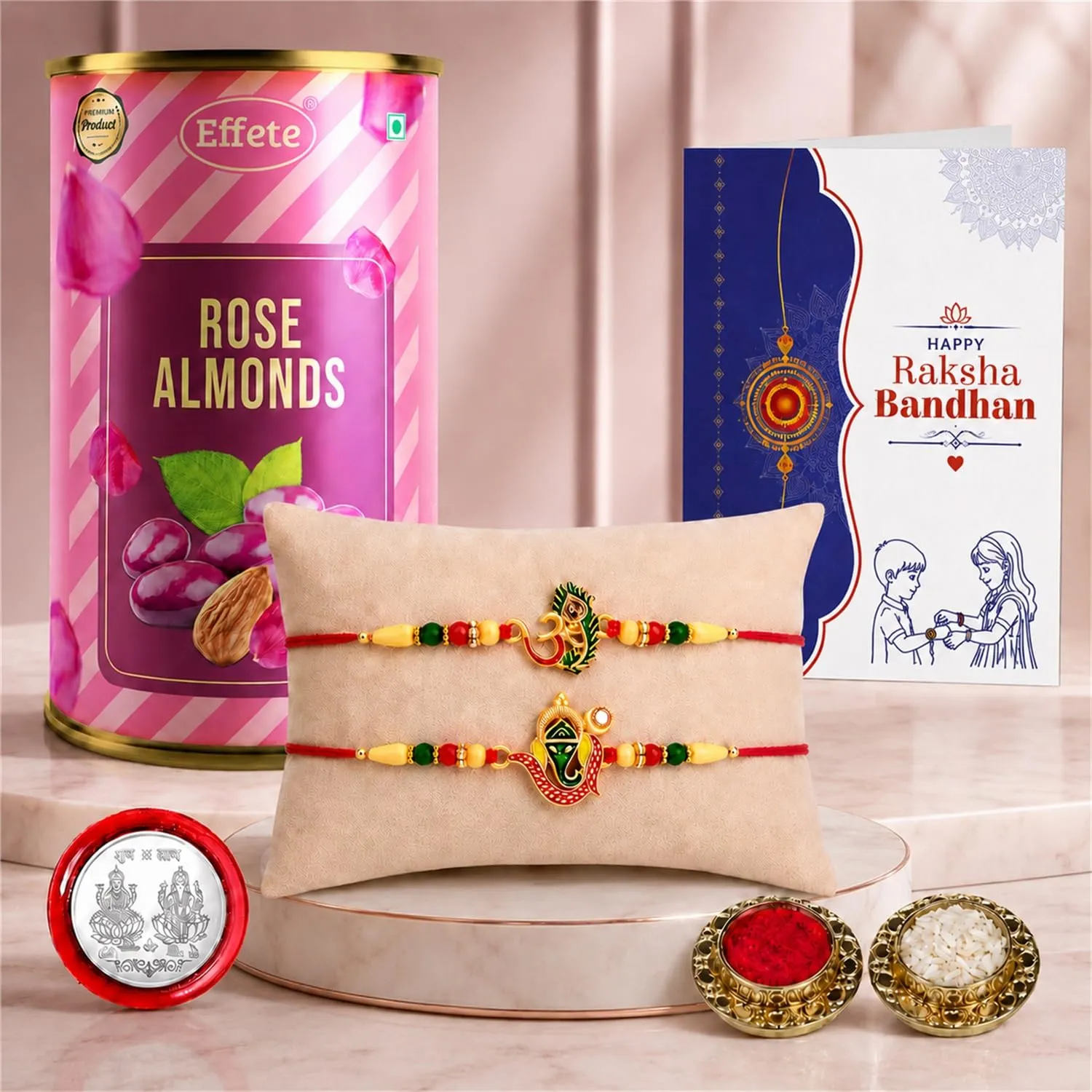 Premium OM Rakhi for Brother with Rose Almond 96gm, Roli Tikka & Card | Pack of 6 - Buy Online at Alikart