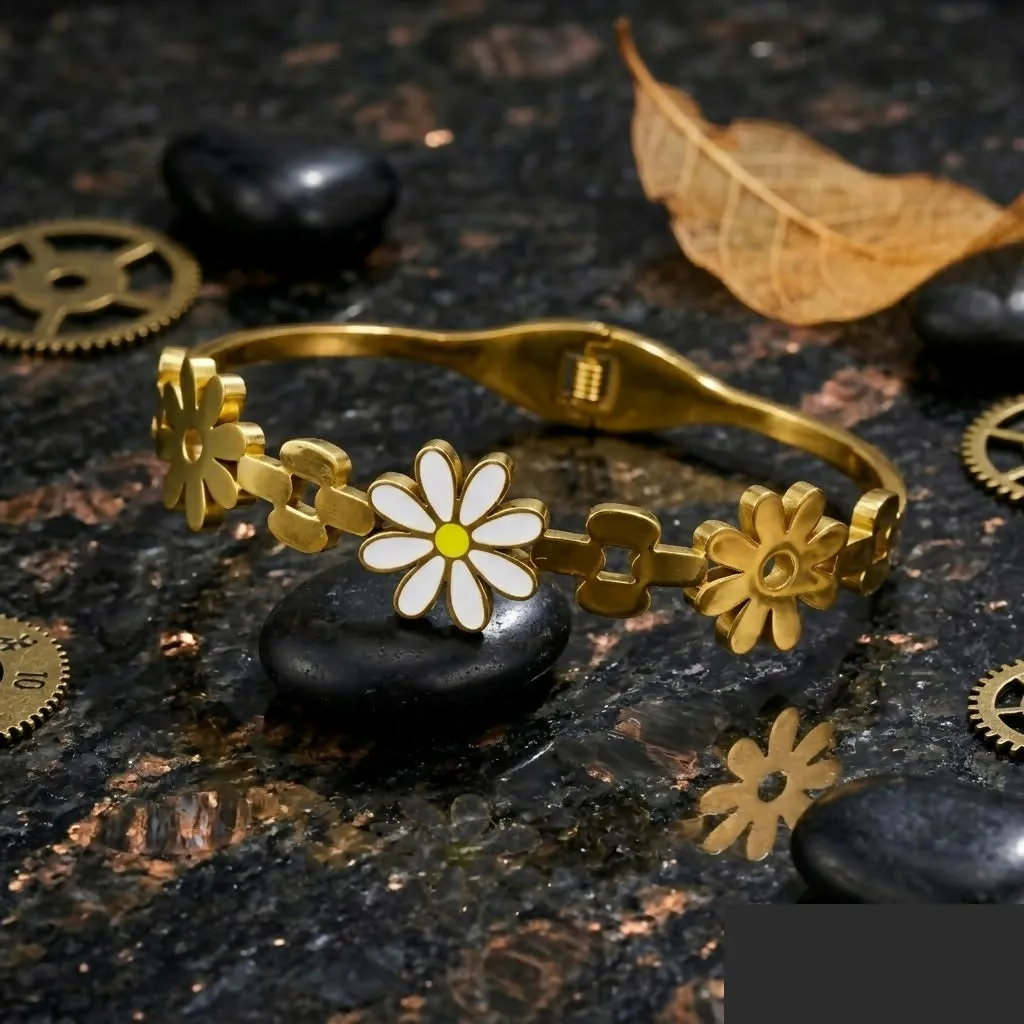 Premium Eternal Bloom Botanical Kada Bracelet – Elegant Gold-Tone Design - Buy Online at Alikart
