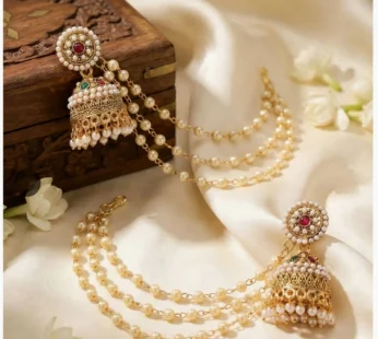 Traditional Gold-Plated Kundan & Pearl Chain Jhumka Earrings