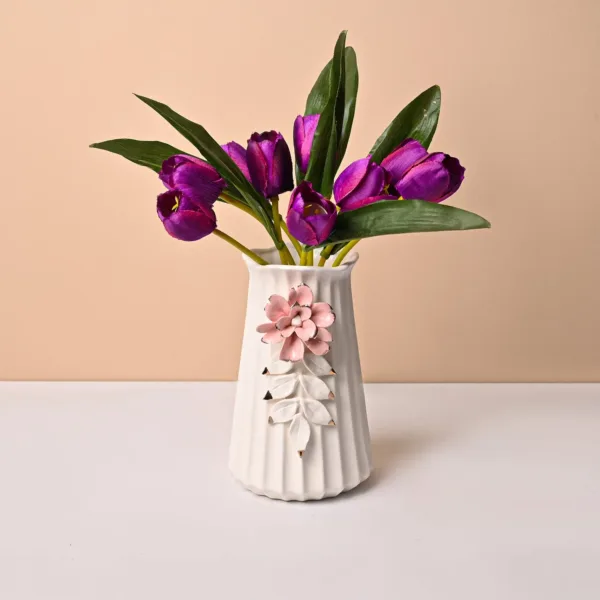 Off White Ceramic Vase – Engraved Floral Pattern, Flower Holder