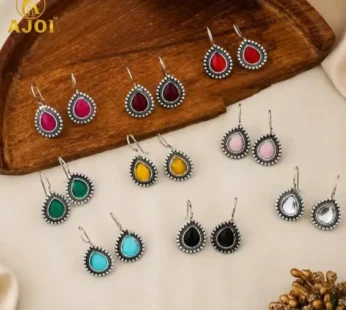 Premium Oxidised Silver-Plated Tilak Stone Drop Earrings Set of 9