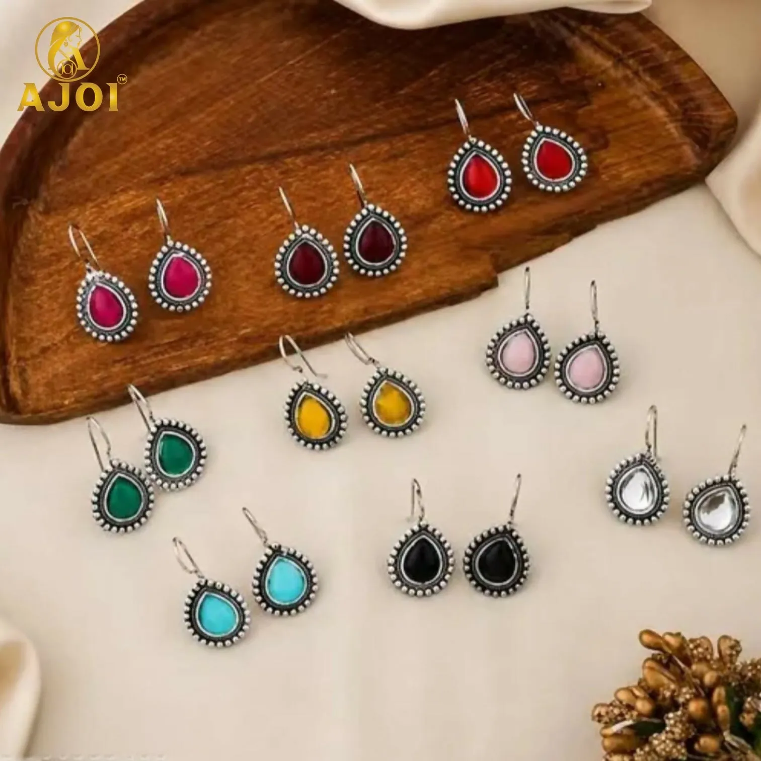 Premium Premium Oxidised Silver-Plated Tilak Stone Drop Earrings Set of 9 - Buy Online at Alikart