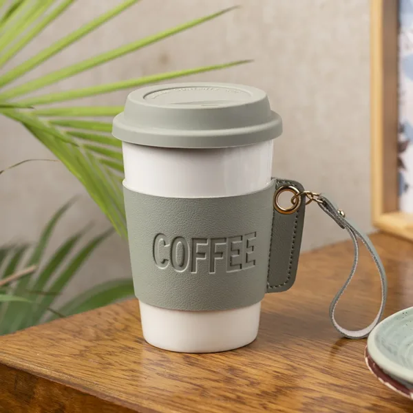 Olive Ceramic Sipper – Leather Grip, 350 Ml