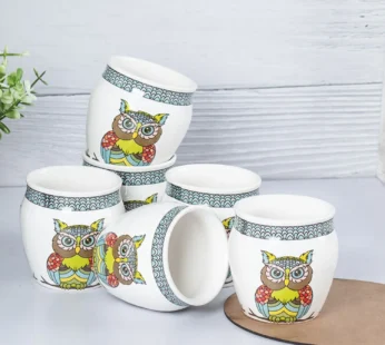 Owl Printed Ceramic Kullad, (Each 130 mL, Set Of 6 Pcs)