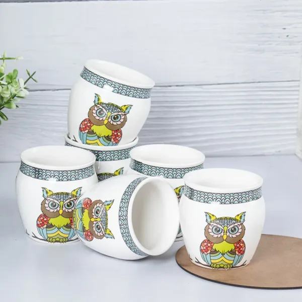 Owl Printed Ceramic Kullad, (Each 130 mL, Set Of 6 Pcs)