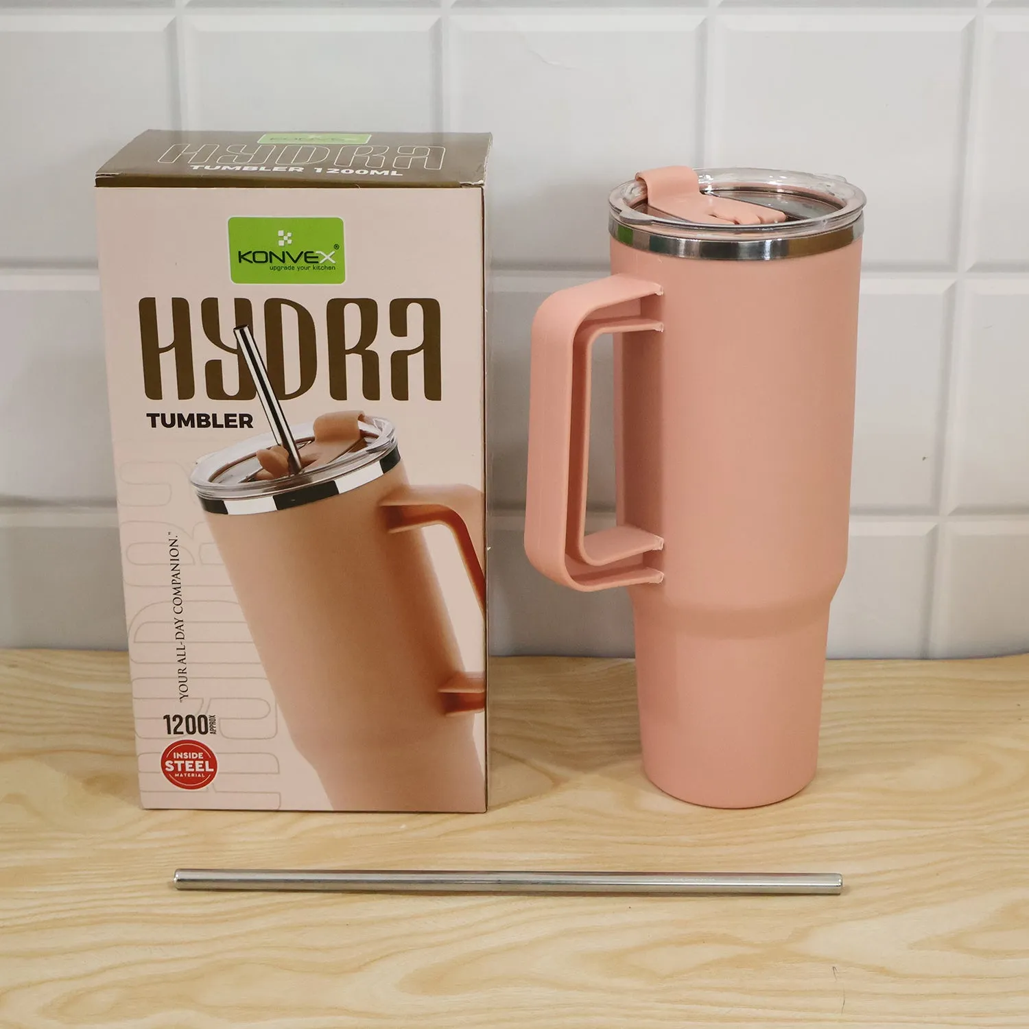 Konvex Hydra Insulated Travel Tumbler 1200 ML with Handle Straw Pink (1 Pc) - Detailed Feature View 8