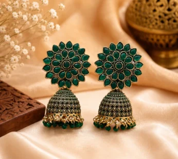 Emerald Green Floral Jhumka Earrings for Women with Pearl Drops | Ethnic Jewellery