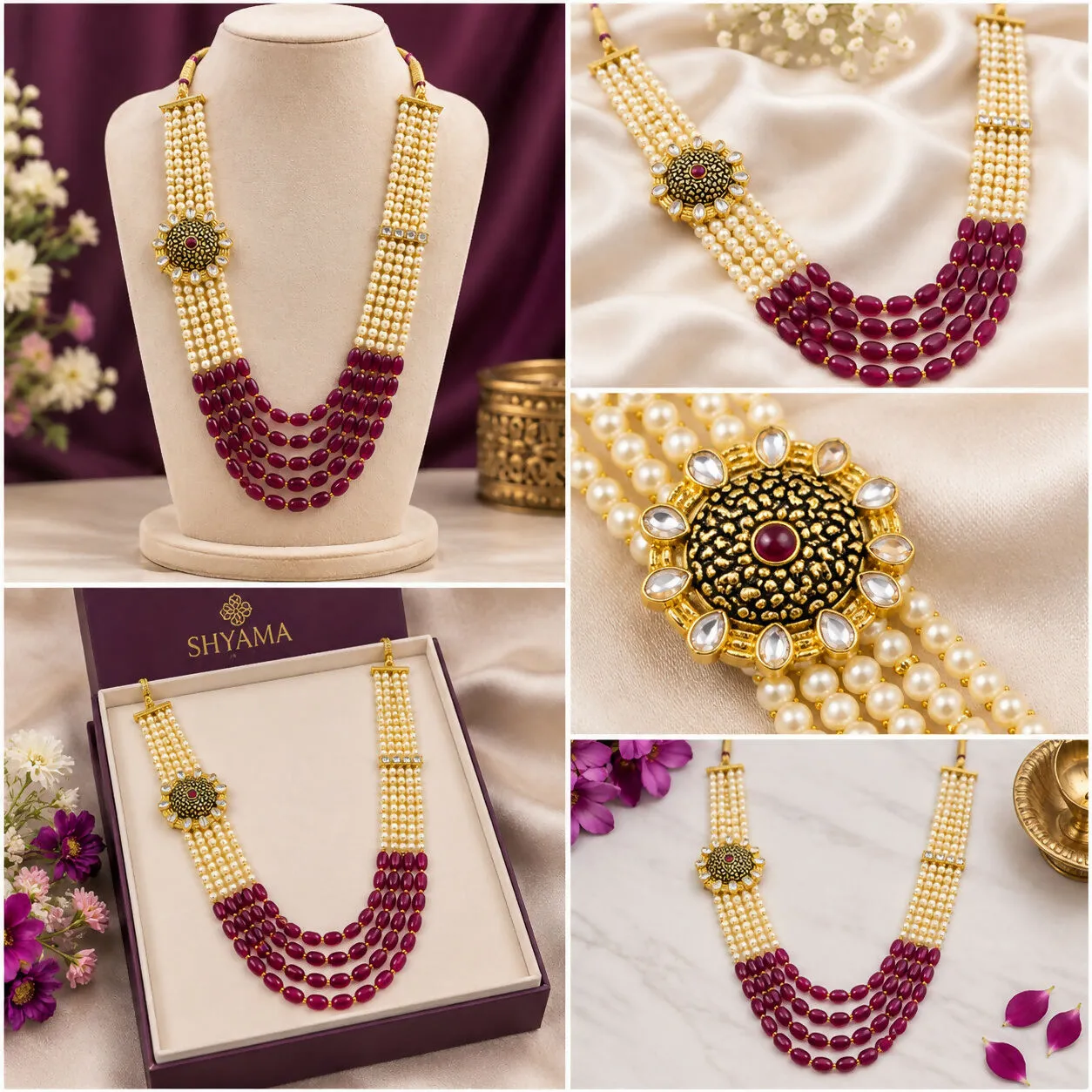 Pearl Beaded Ruby Stone Layered Necklace Set with Antique Pendant Design - Detailed Feature View 4