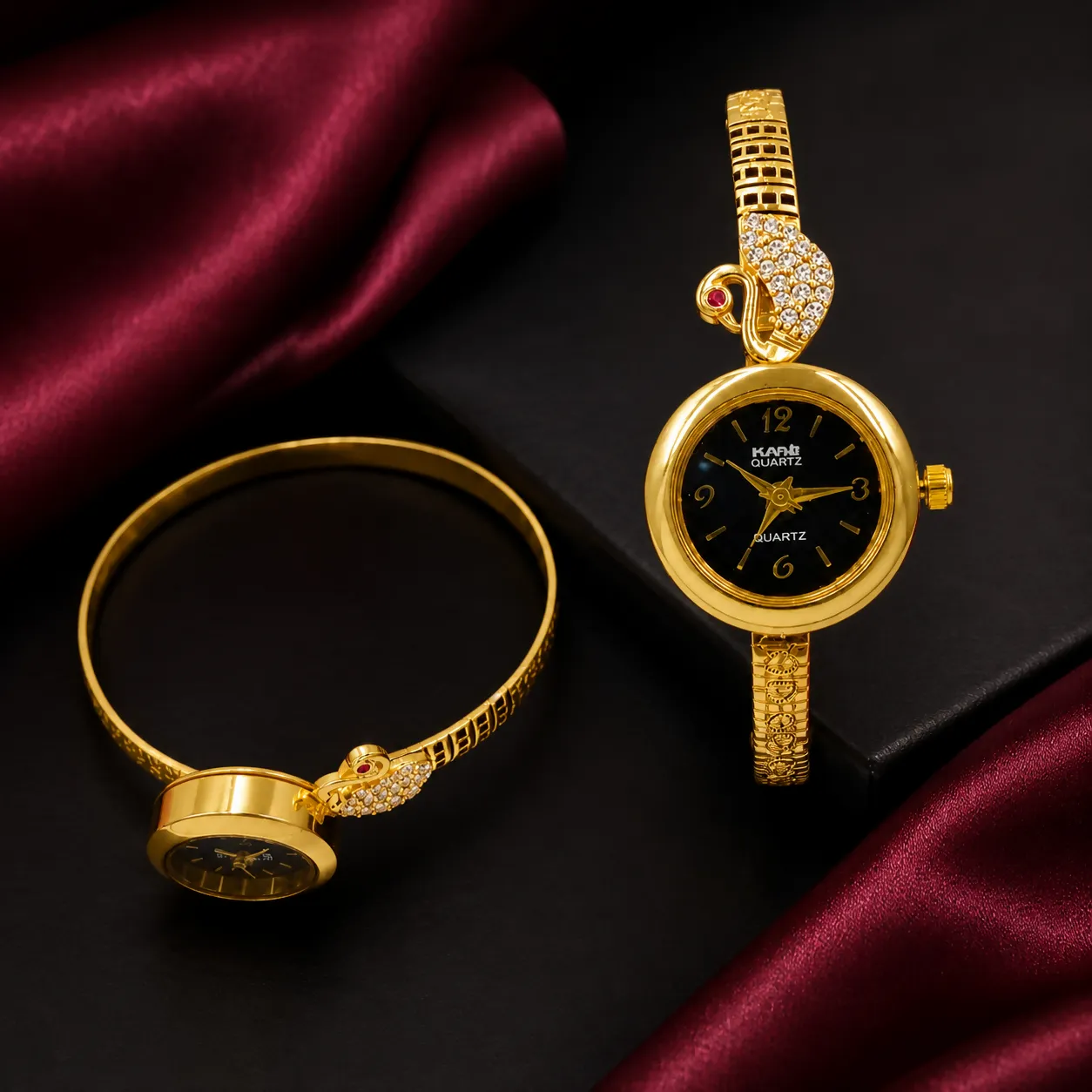 Premium Elegant Gold-Tone Peacock Cuff Bangle Watch for Women – Luxury Analog Wrist Watch with Black Dial - Buy Online at Alikart