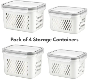 4 Pcs Vegetable and Fruit Storage Containers with Lids – BPA-Free Fridge Organizer Bins with Drain Basket