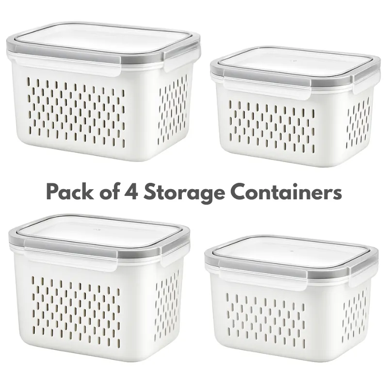 Premium 4 Pcs Vegetable and Fruit Storage Containers with Lids – BPA-Free Fridge Organizer Bins with Drain Basket - Buy Online at Alikart