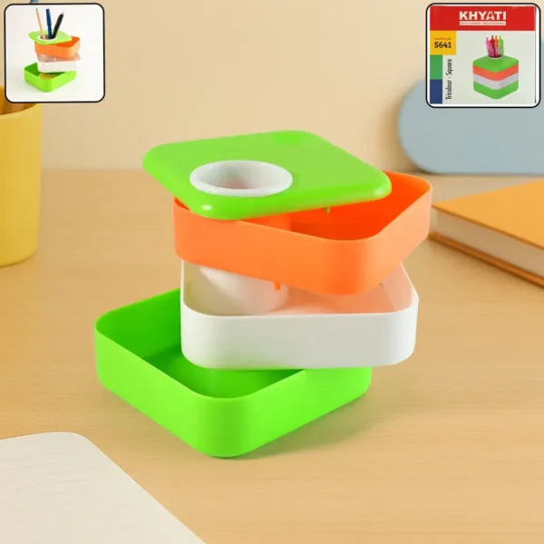 Tricolour Pen Stand with Sliding Drawers – Multi-Layer Desk Organizer