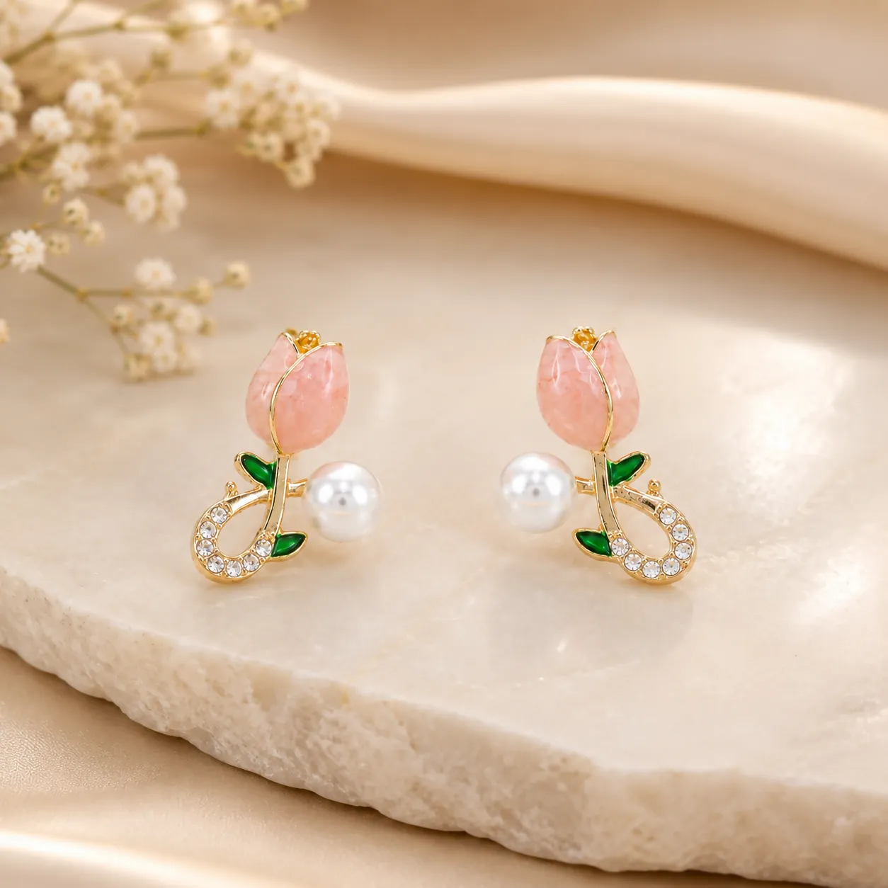 Premium Elegant Rose Bloom Pearl Stud Earrings – Pink Tulip Floral Crystal Gold-Tone Earrings for Women - Buy Online at Alikart