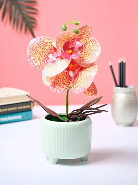 Pink Artificial Orchid Flower With Green Pot