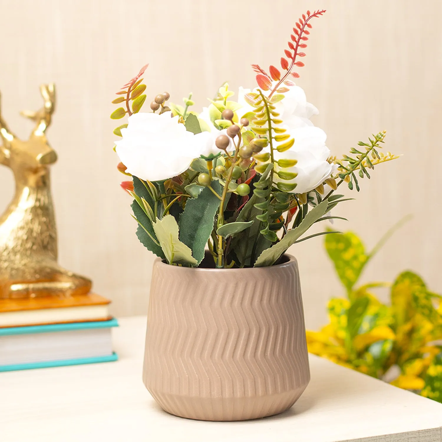 Premium Pink Rose Fake Flowers With Brown Pot - Buy Online at Alikart