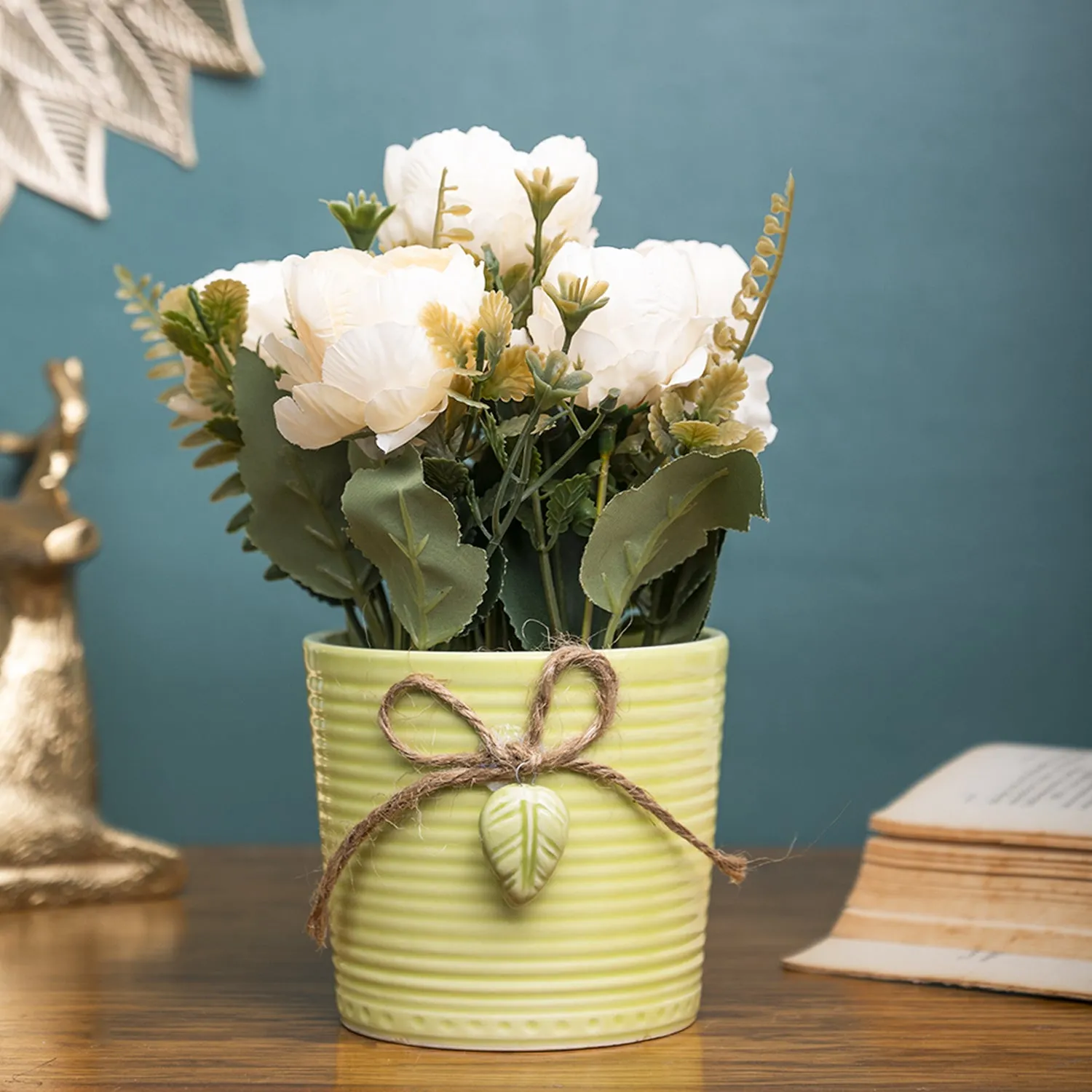 Premium Pink Rose Fake Flowers With Light Green Pot - Buy Online at Alikart