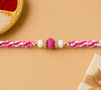 Pink-White Braided Rakhi with Rose-Pink Stone Bead Pendant