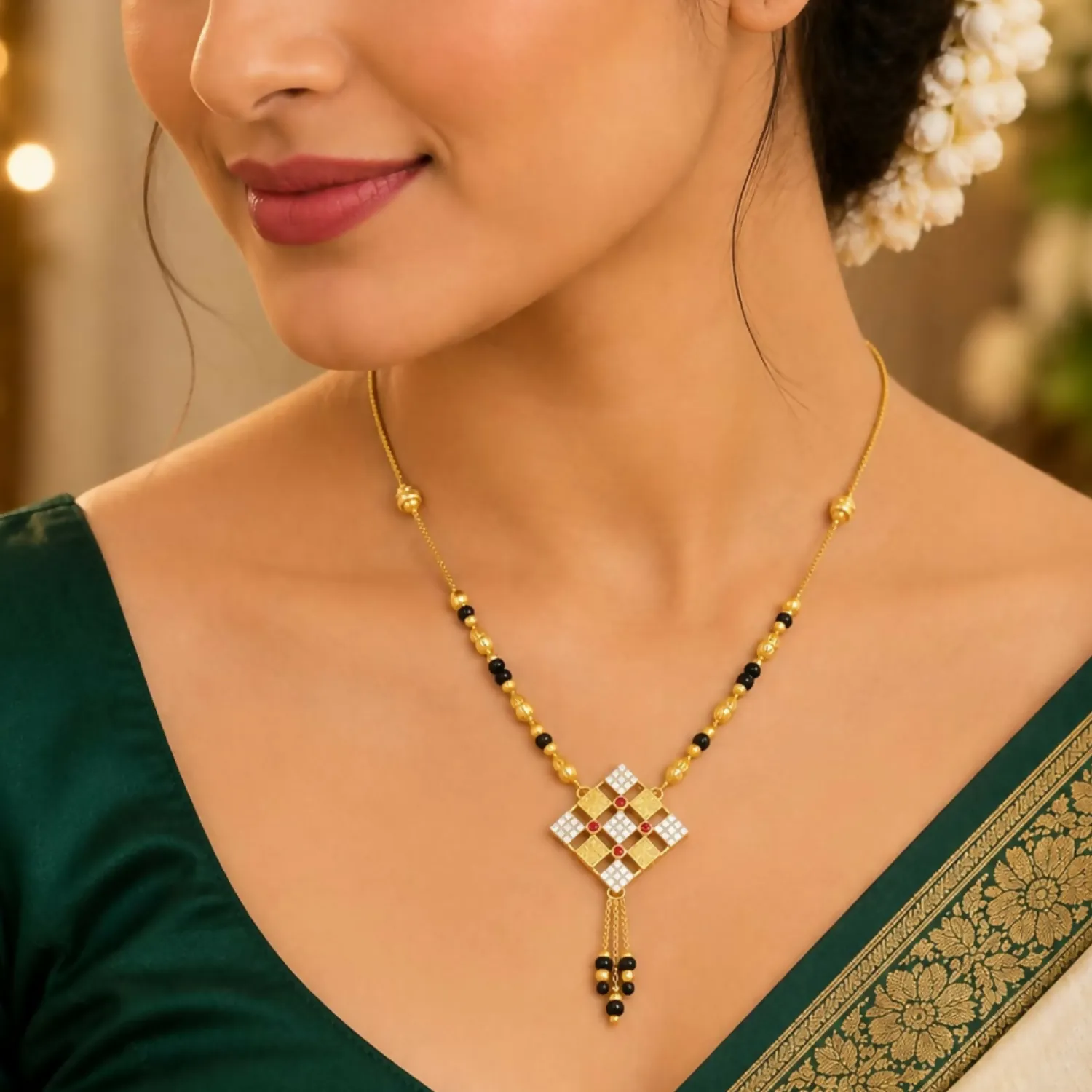 Premium Gold Tone Designer Mangalsutra with Crystal Square Pendant for Women Ethnic Wear Set - Buy Online at Alikart