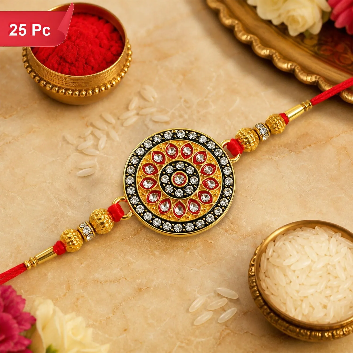 Kundan Rakhi Royal Golden Enamel Work Design for Bhai (25pcs)