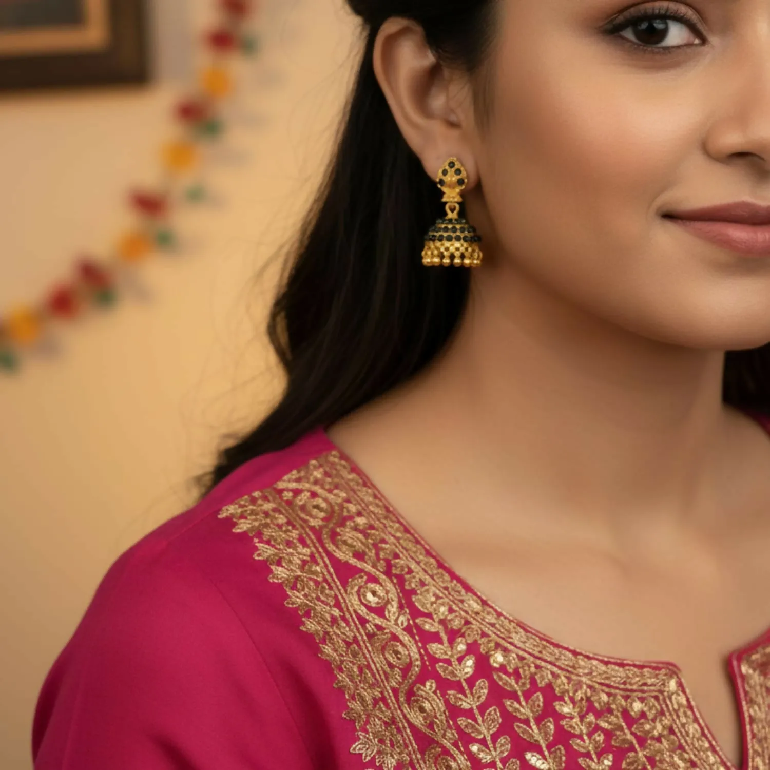 Golden Jhumka Earrings – Antique Style with Enamel Detailing - Detailed Feature View 1