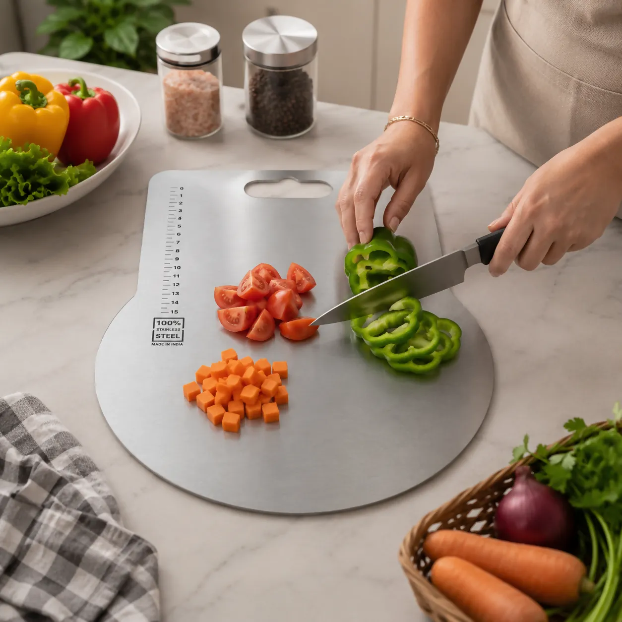Premium Stainless Steel Chopping Board with Handle and Measuring Scale for Kitchen Cutting - Buy Online at Alikart