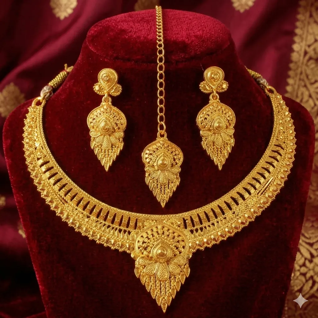 Traditional Gold Plated Haram Necklace Set with Earrings and Maang Tikka for Women - Detailed Feature View 4