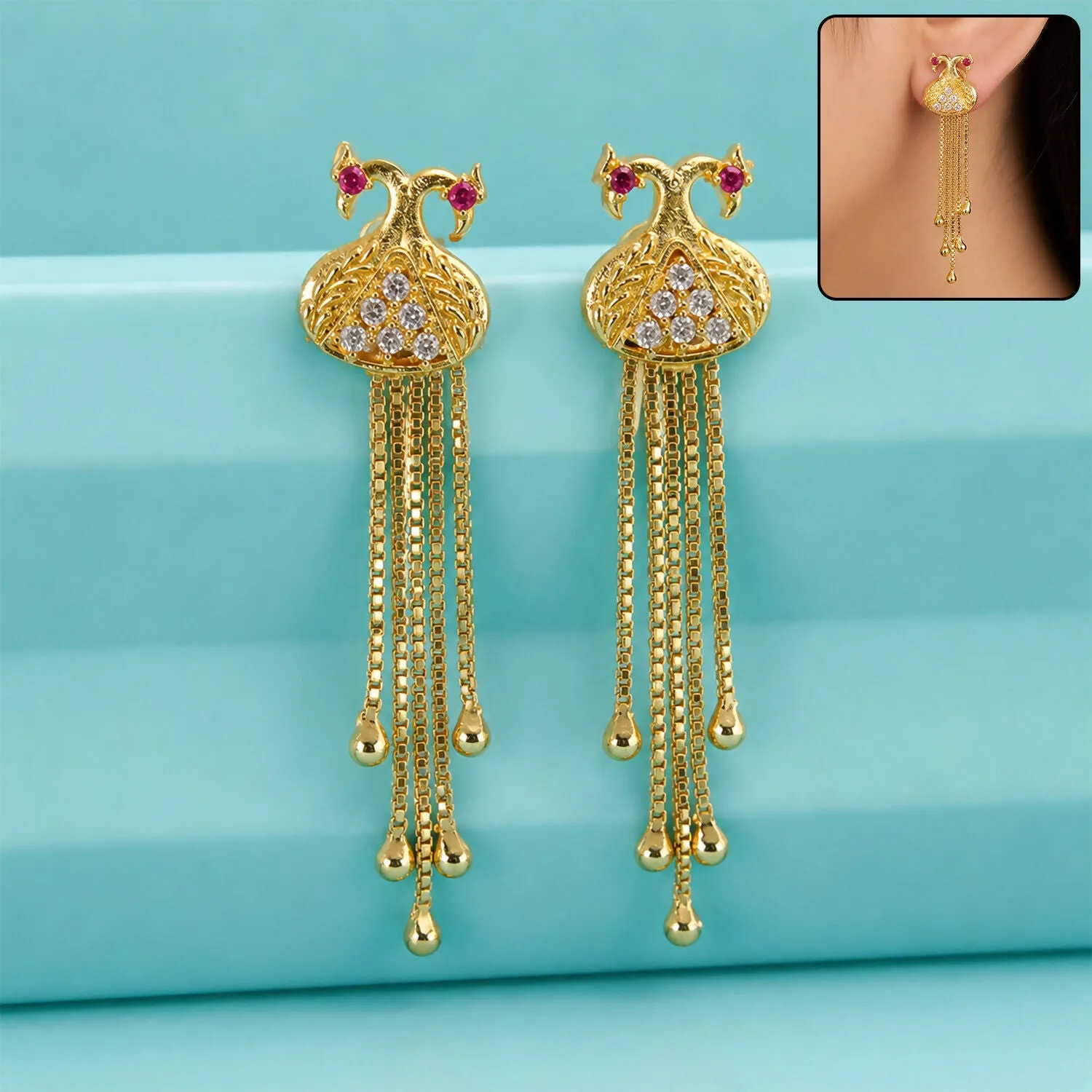 Premium Gold Royal Peacock Dangle Earrings with Multi-Strand Chain Tassels... - Buy Online at Alikart