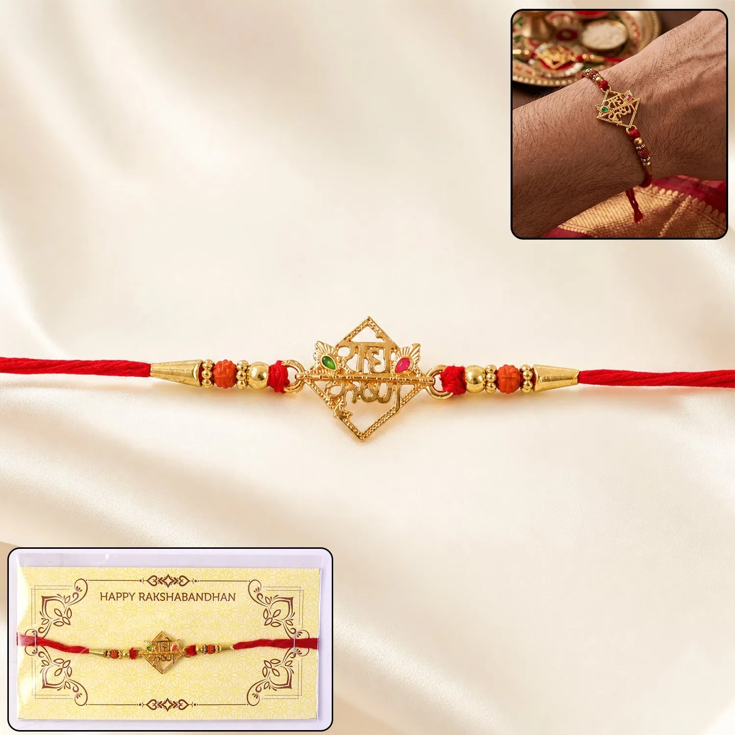 Radhe Krishna Designer Rakhi – Red Thread for Raksha Bandhan - Detailed Feature View 1