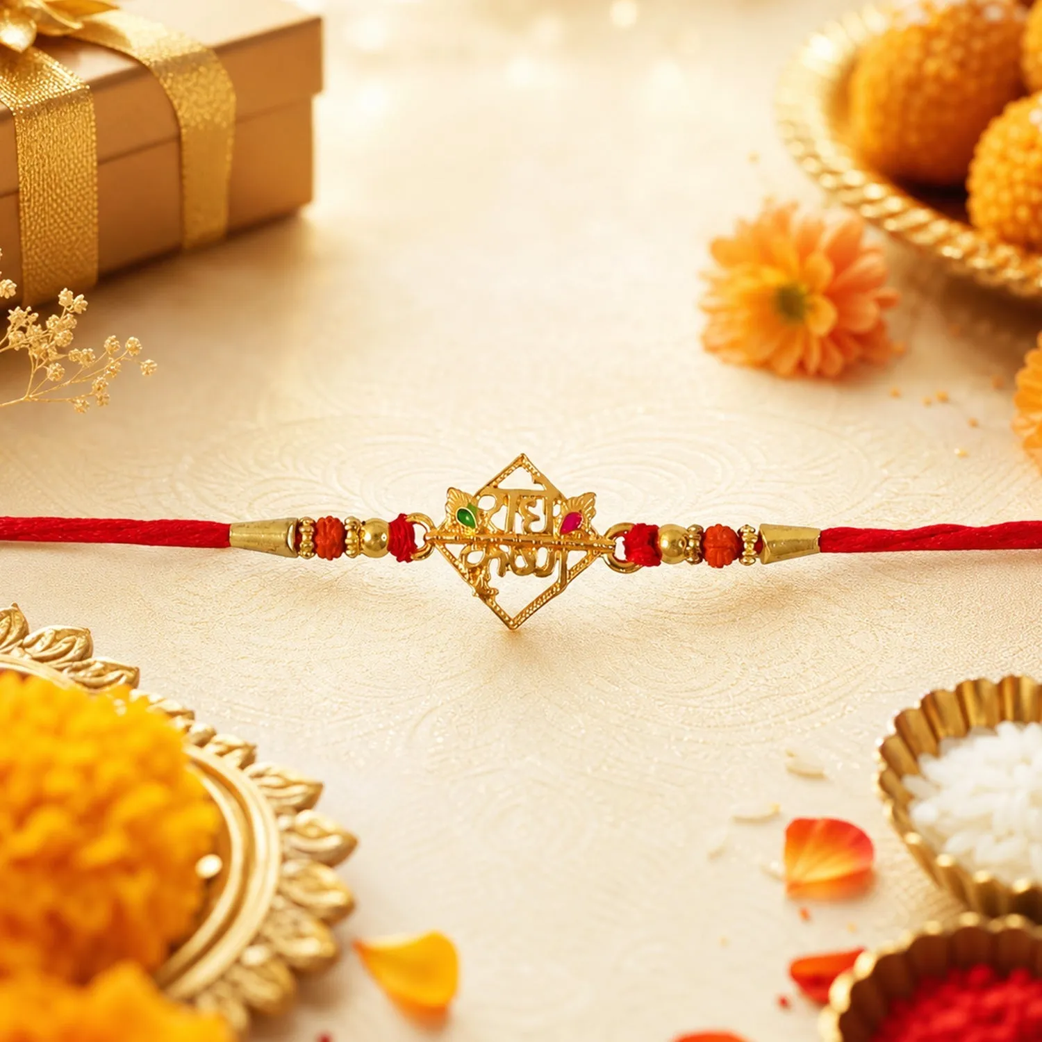 Radhe Krishna Designer Rakhi – Red Thread for Raksha Bandhan - Detailed Feature View 3
