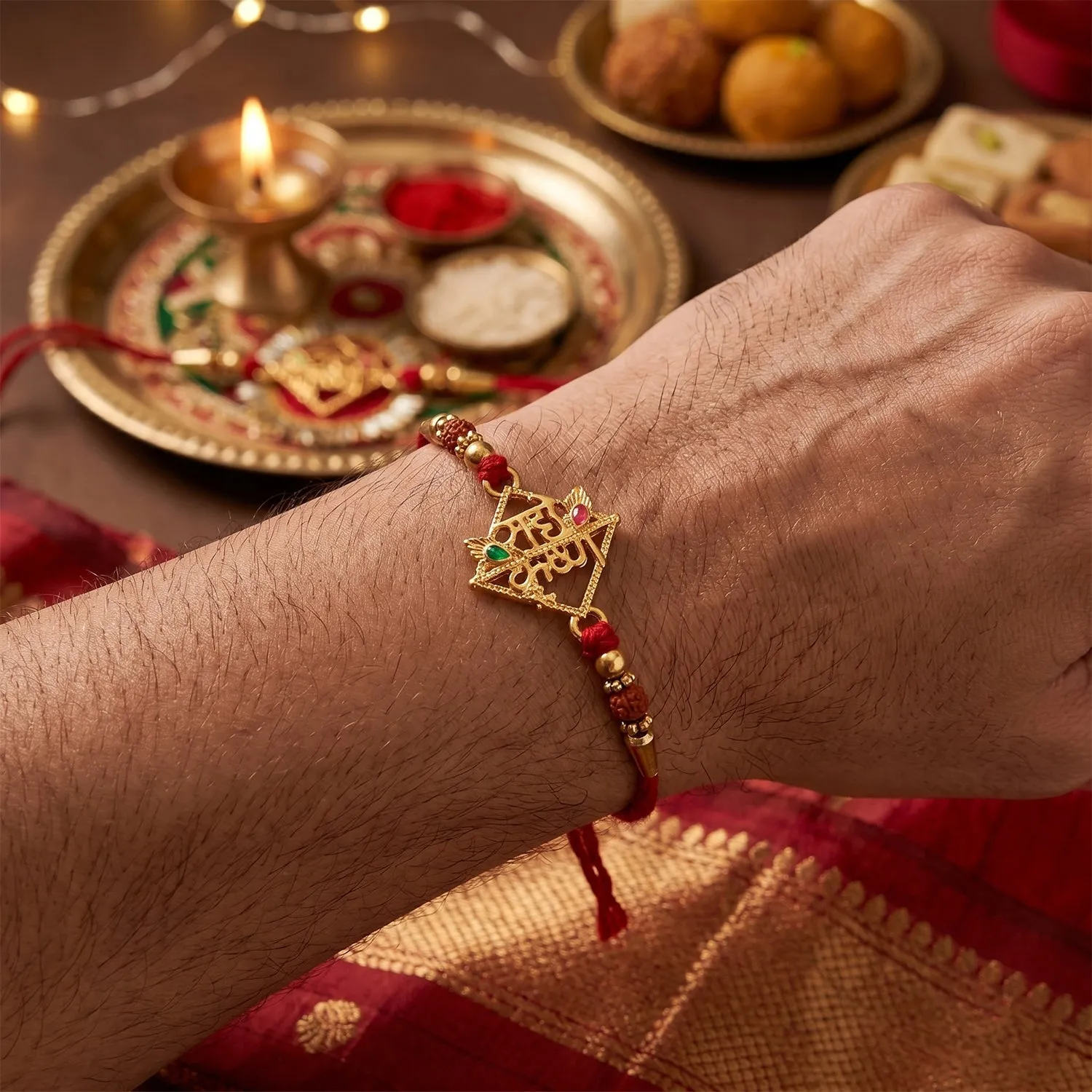 Radhe Krishna Designer Rakhi – Red Thread for Raksha Bandhan - Detailed Feature View 4