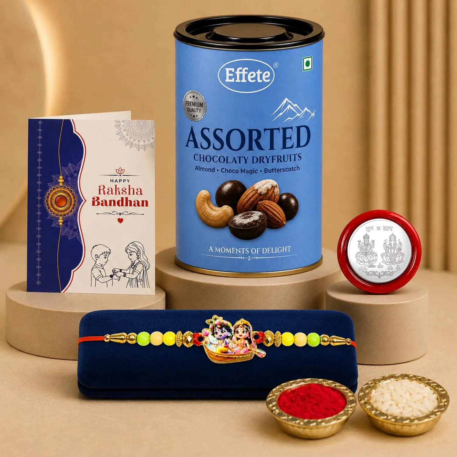 Premium Radhe Krishna Rakhi for Brother with Choco Dryfruits 96gm, Coin & Card, Pack of 5 - Buy Online at Alikart