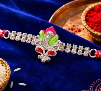 Silver-Toned Lord Ganesha Rakhi with Pink-Green Enamel, Double Crystal Chain & Red-White Thread