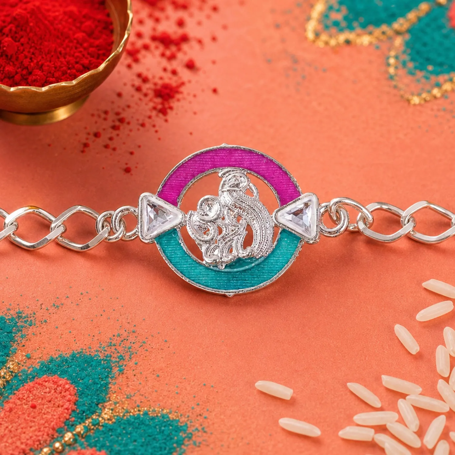 Designer Rakhi Round Om Peacock Motif Crystal Chain - Detailed Feature View 3