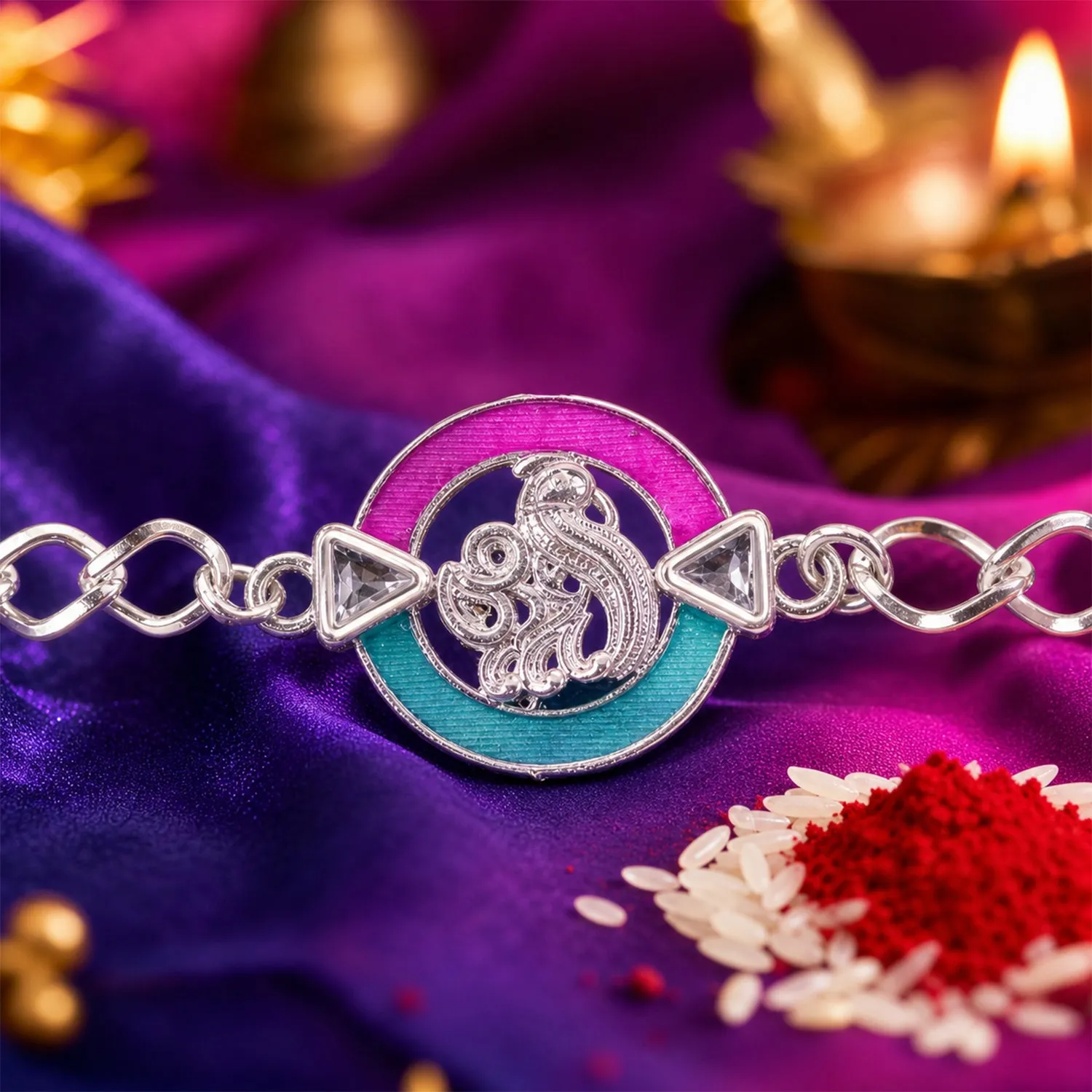 Premium Designer Rakhi Round Om Peacock Motif Crystal Chain - Buy Online at Alikart
