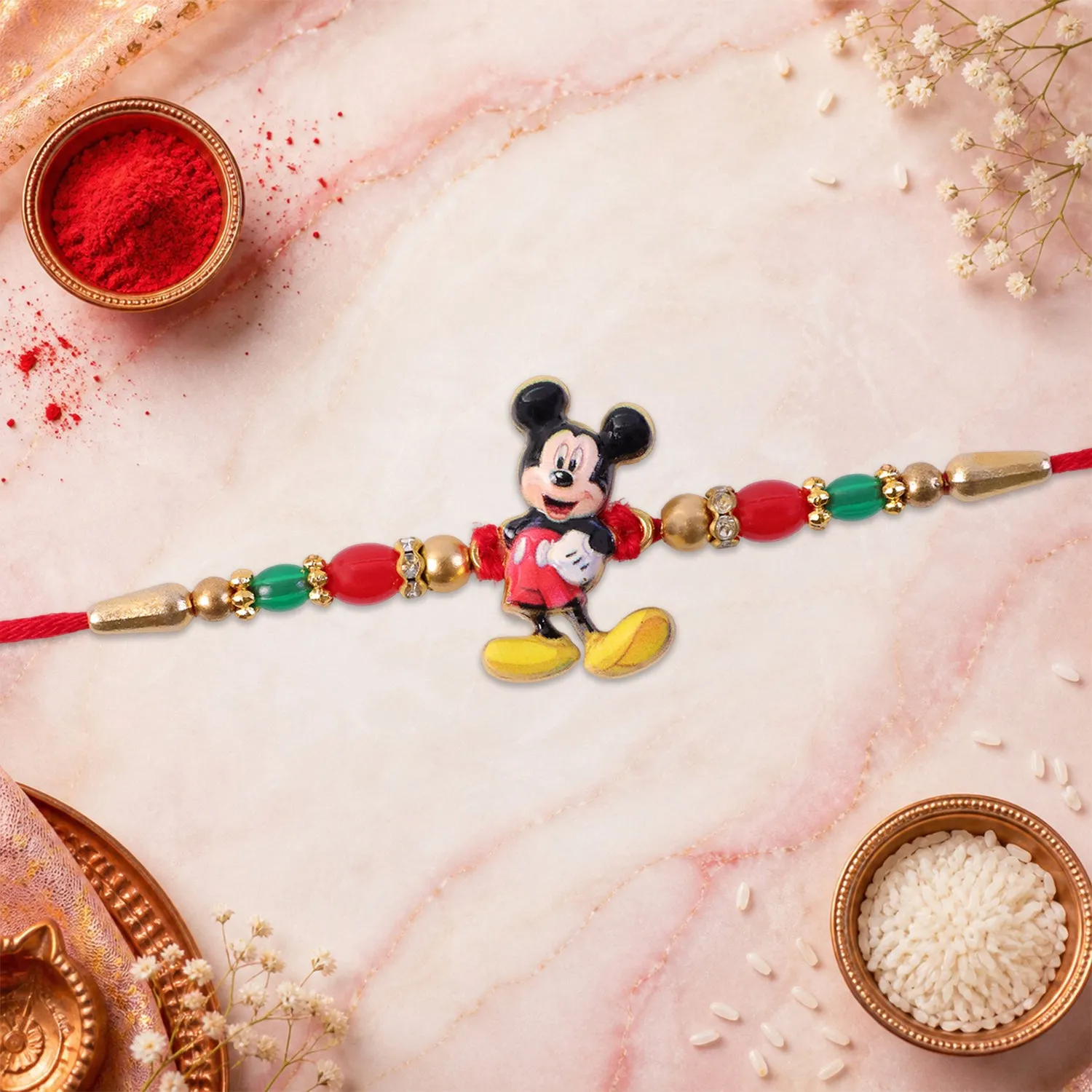 Premium Mickey Mouse Kids Rakhi Pearls Golden Beads Red Thread - Buy Online at Alikart