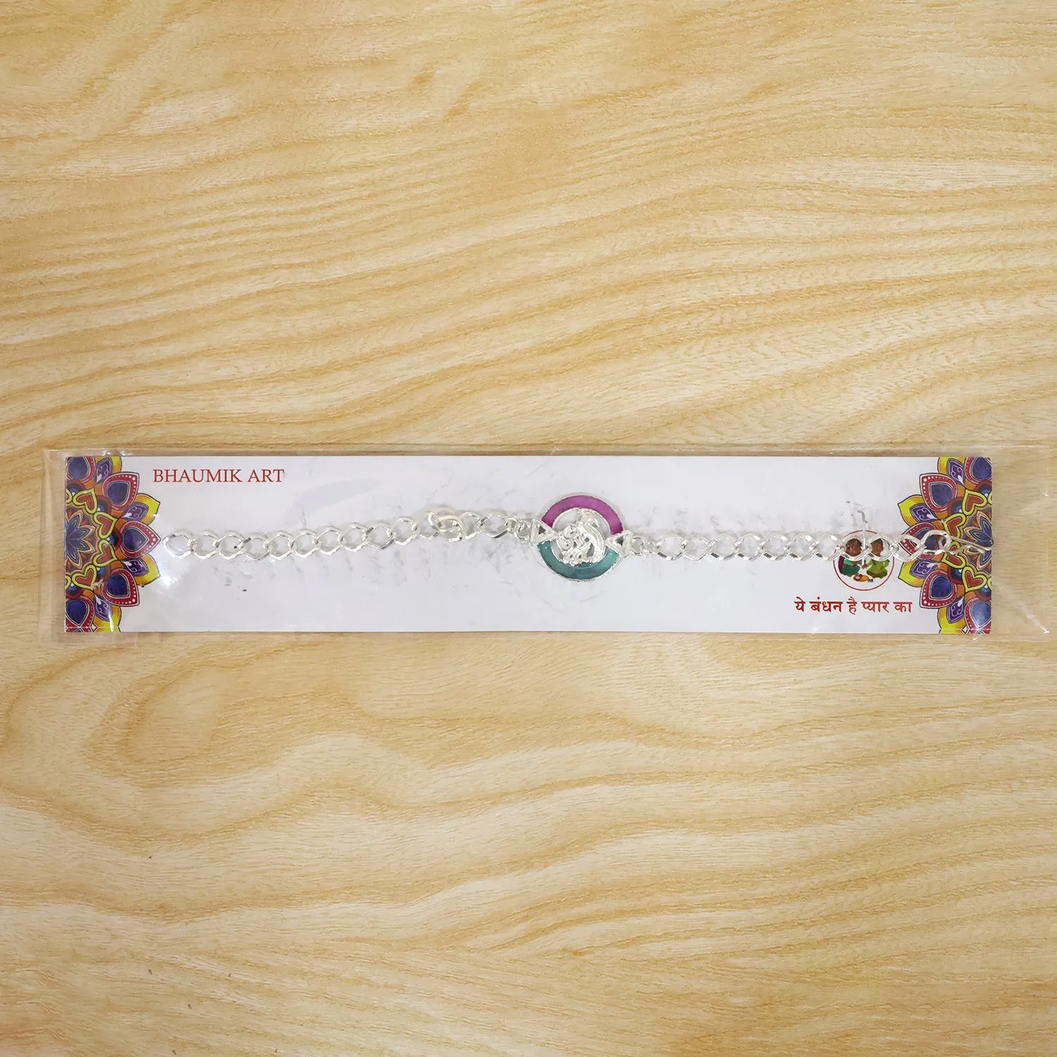 Designer Rakhi Round Om Peacock Motif Crystal Chain - Detailed Feature View 5