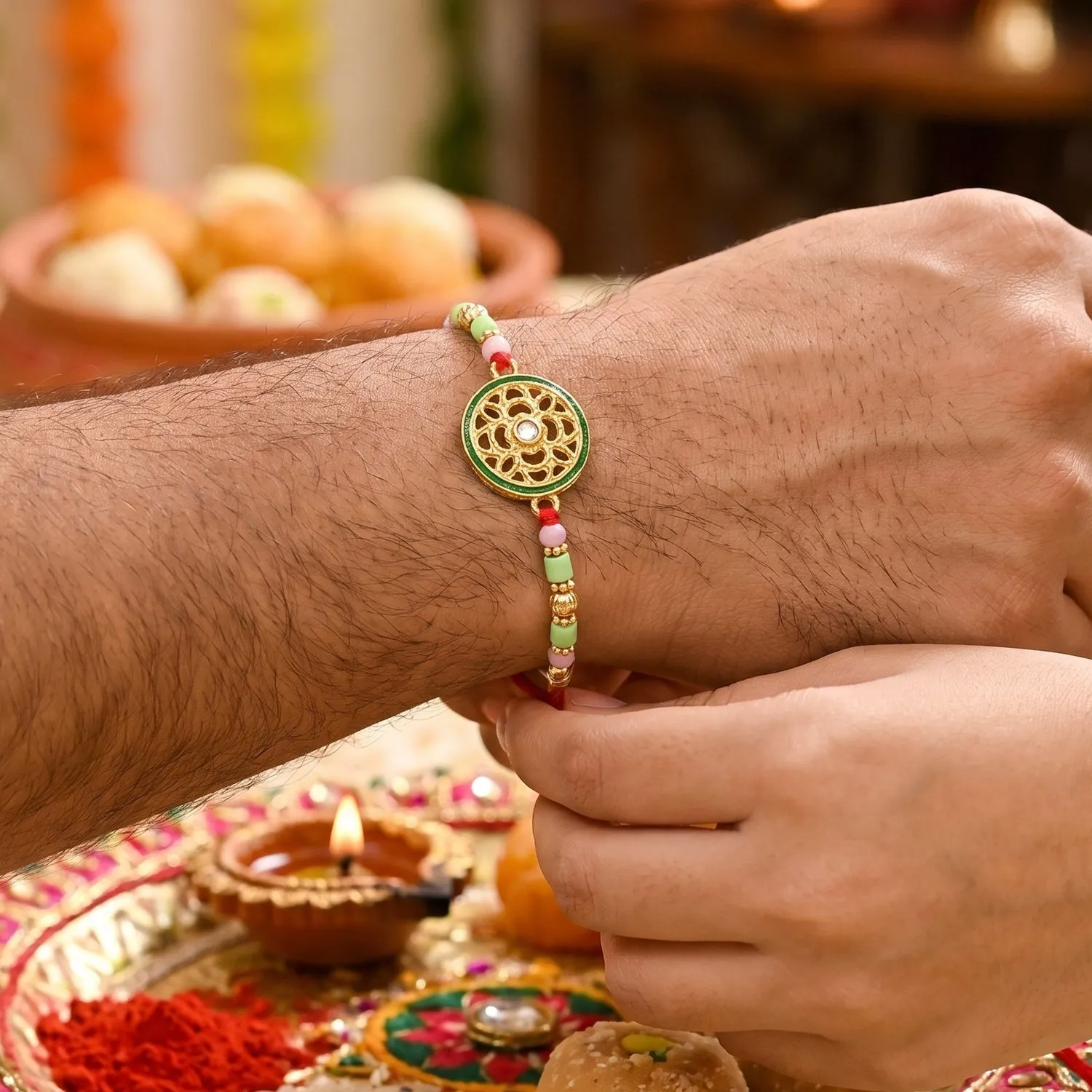 Rakhi Beautiful Designer Golden Floral Wheel for Raksha Bandhan (10pcs) - Detailed Feature View 3