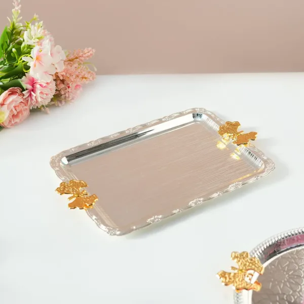 Rectangular Iron Decorative Tray with Silver & Gold Handle