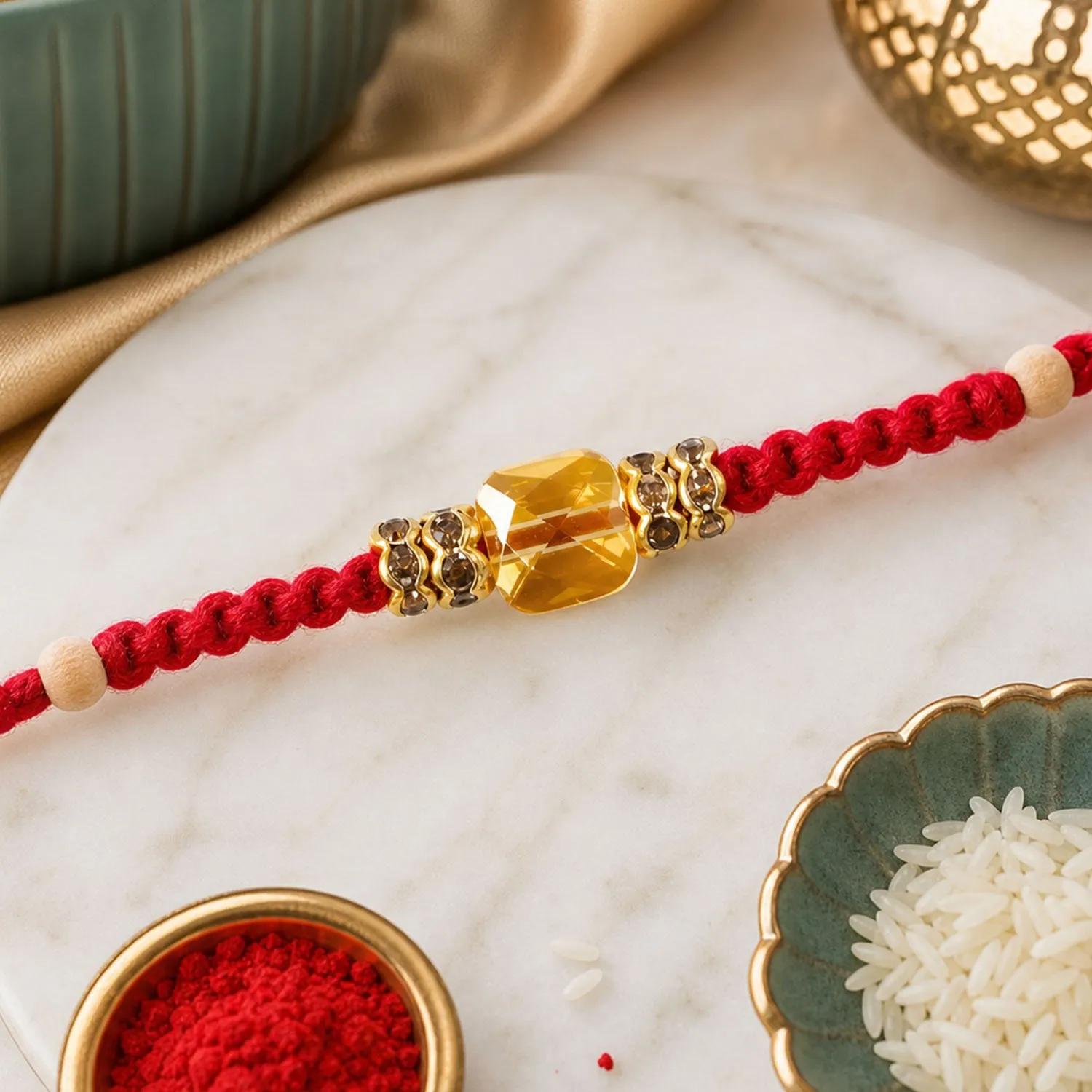 Premium Red Thread Rakhi with a Faceted Amber Cube Crystal Bead Pendant - Buy Online at Alikart